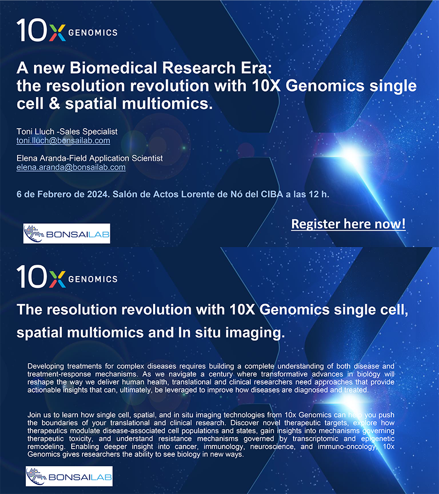 Cartel seminario El SCT de Secuenciación y Genómica Funcional organiza un seminario para conocer las aplicaciones del nuevo equipamiento Chromium iX