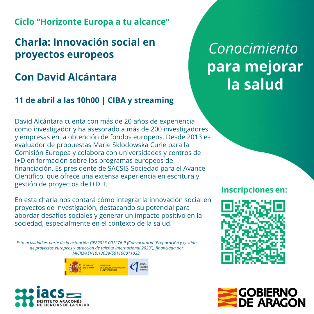 Banner charla Innovación social en proyectos europeos, el 11 de abril de 2025 a las 10h en el CIBA y online