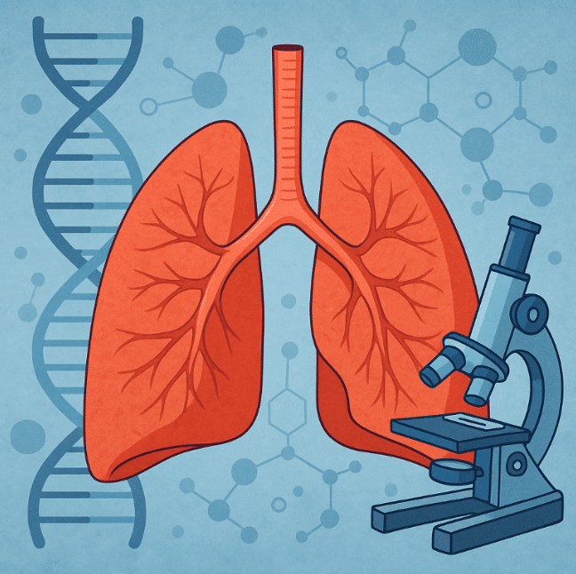 Ilustración de pulmones con hélice de ADN y microscopio