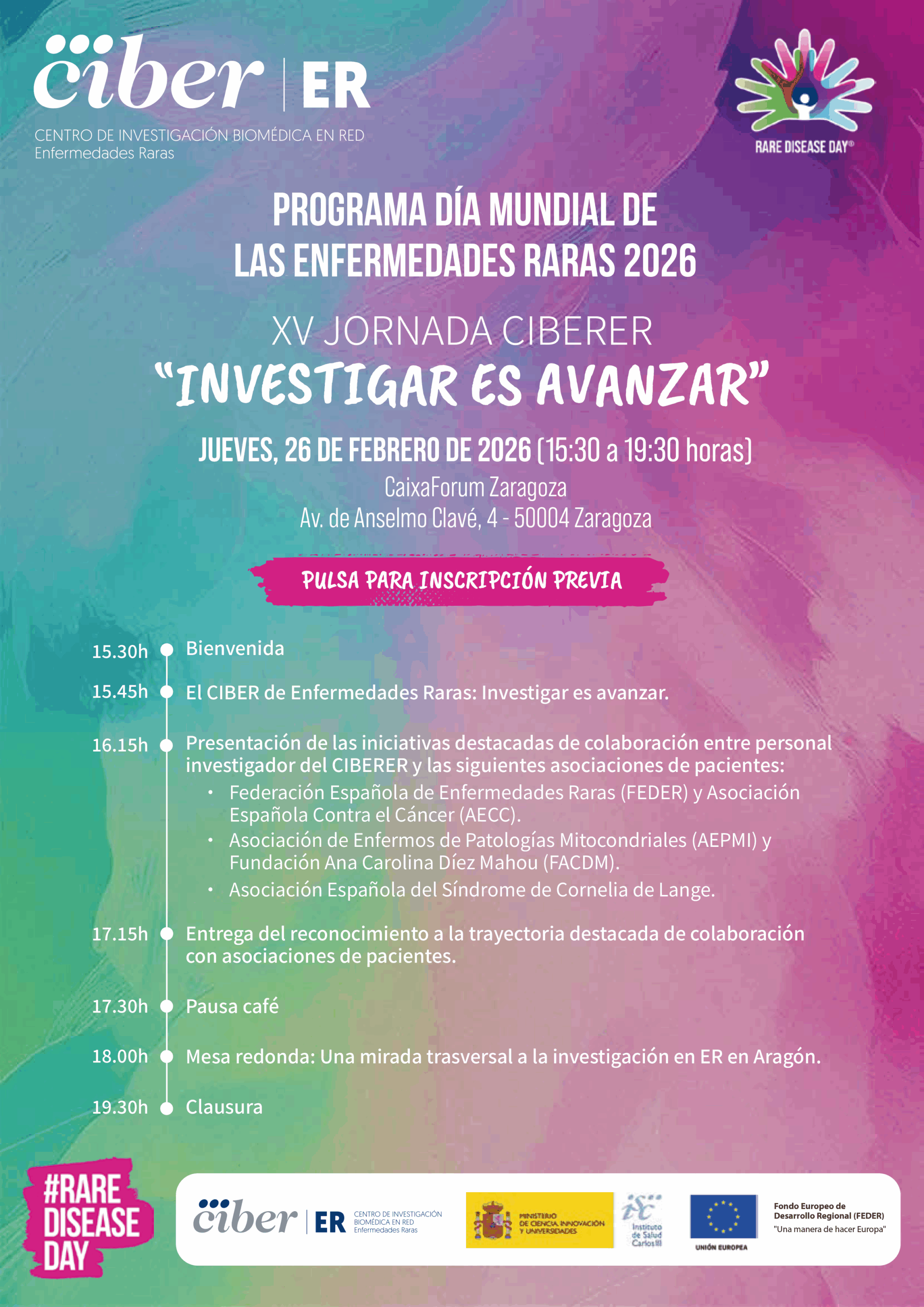 Cartel jornada investigar es avanzar de Ciberer, 26 febrero 2025 en Caixaforum Zaragoza