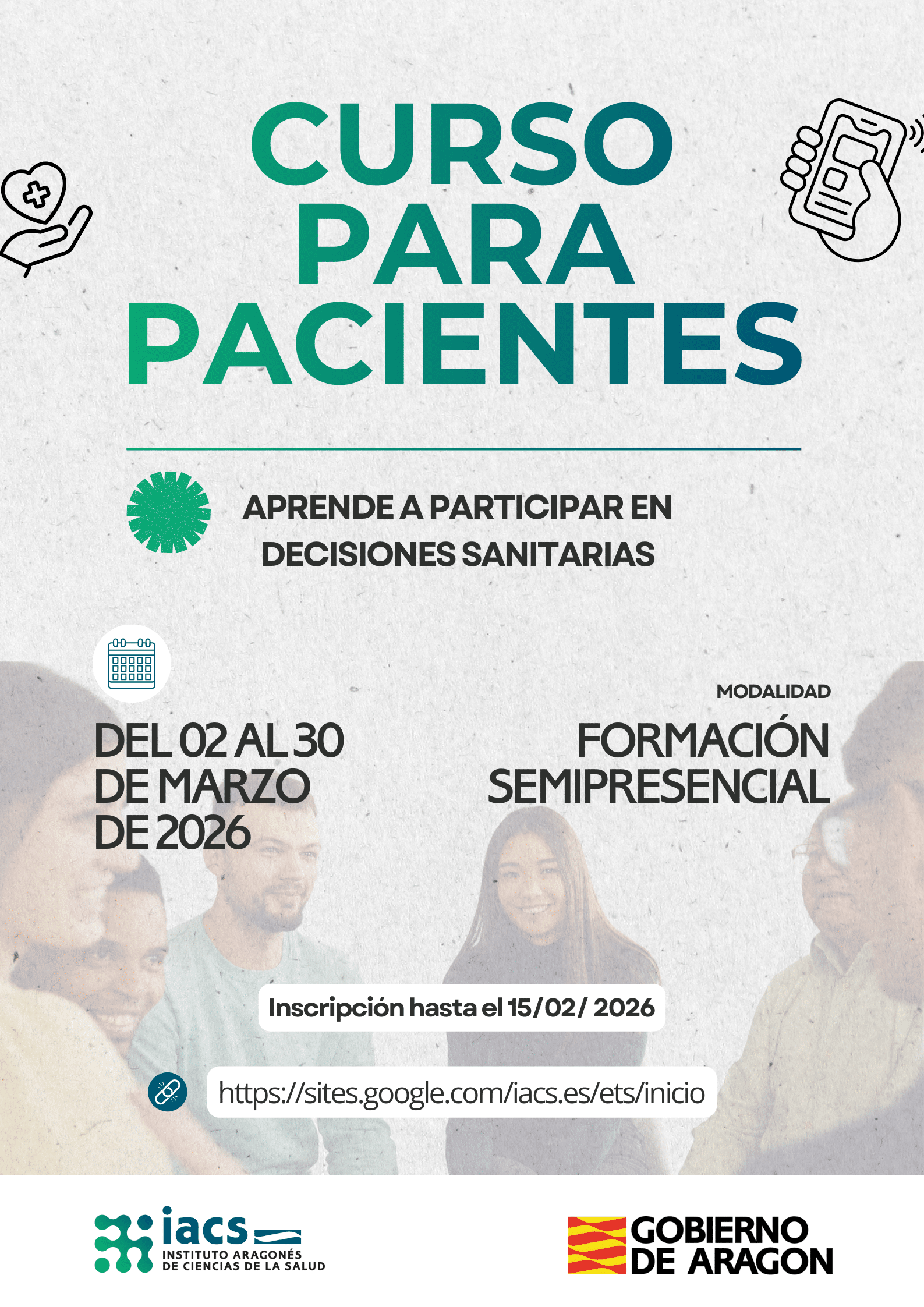 Cartel del la segunda edición del curso de Evaluación de Tecnologías para Pacientes, organizado del 2 al 30 de marzo de 2026 por el área de Decisiones Basadas en la Evidencia del IACS