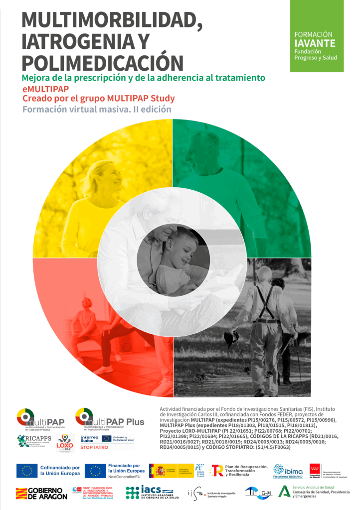 Cartel curso sobre MULTIMORBILIDAD, IATROGENIA Y POLIMEDICACIÓN. Mejora de la prescripción y de la adherencia al tratamiento. Organizado por: Grupo MULTIPAP Study del SNS. Red de Investigación en Cronicidad, Atención Primaria y Promoción de la Salud (RICAPPS).
