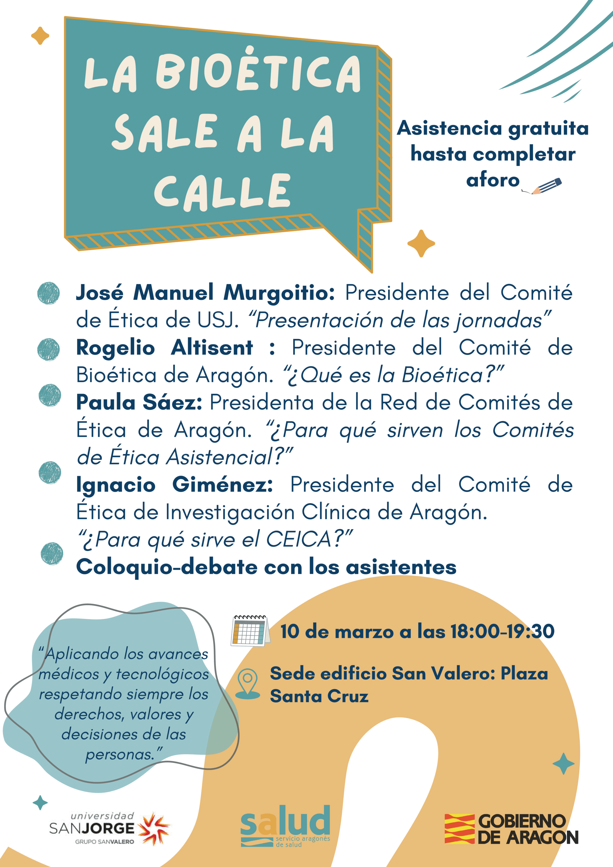 Cartel La bioética sale a la calle, 10 de marzo a las 18h en Zaragoza (2026)