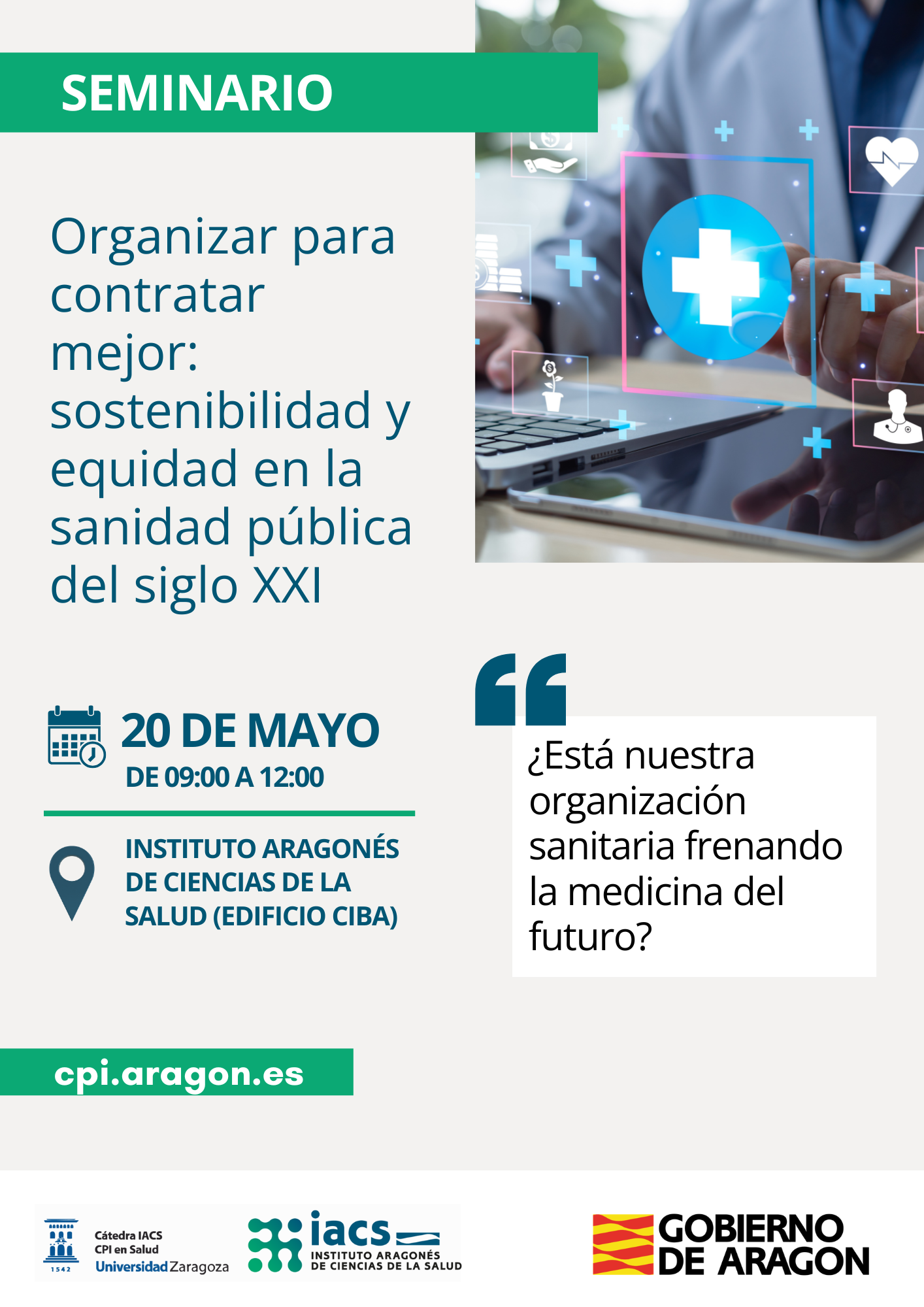 Cartel del seminario Organizar para contratar mejor: sostenibilidad y equidad en la sanidad pública del siglo XXI