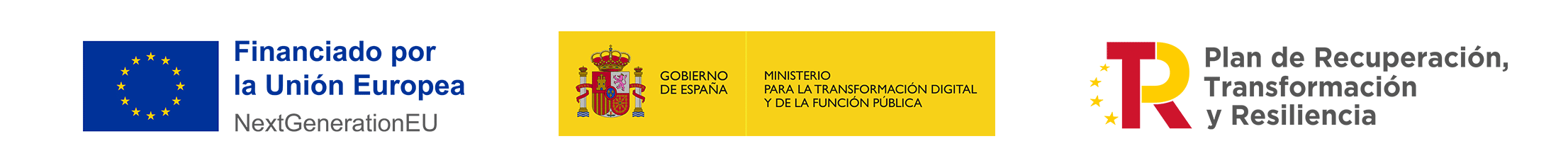 Logotipos de Financiado por la Unión Europea Next Generation European Union, MInisterio para la Transformación digital y de la función pública, Plan de recuperación, transformación y resiliencia