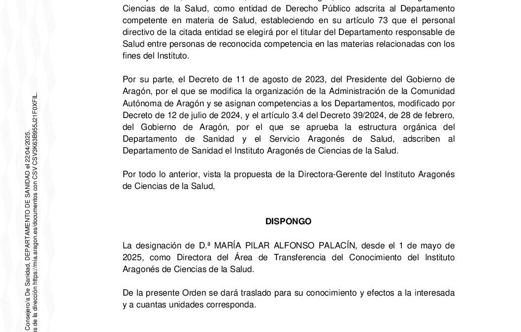 Orden nombramiento Directora Área Transferencia del Conocimiento IACS